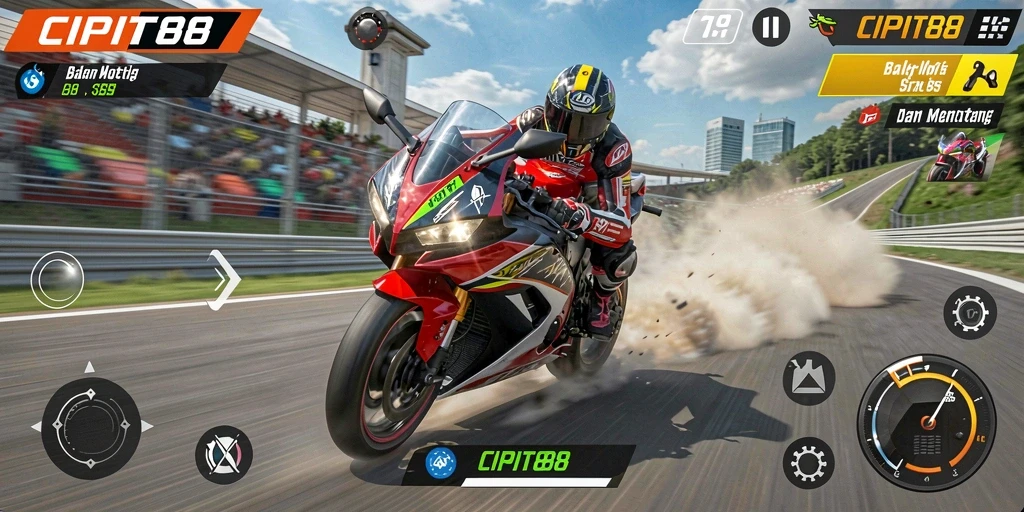 Screenshot utama CIPIT88 menampilkan aksi balap motor yang mendebarkan.