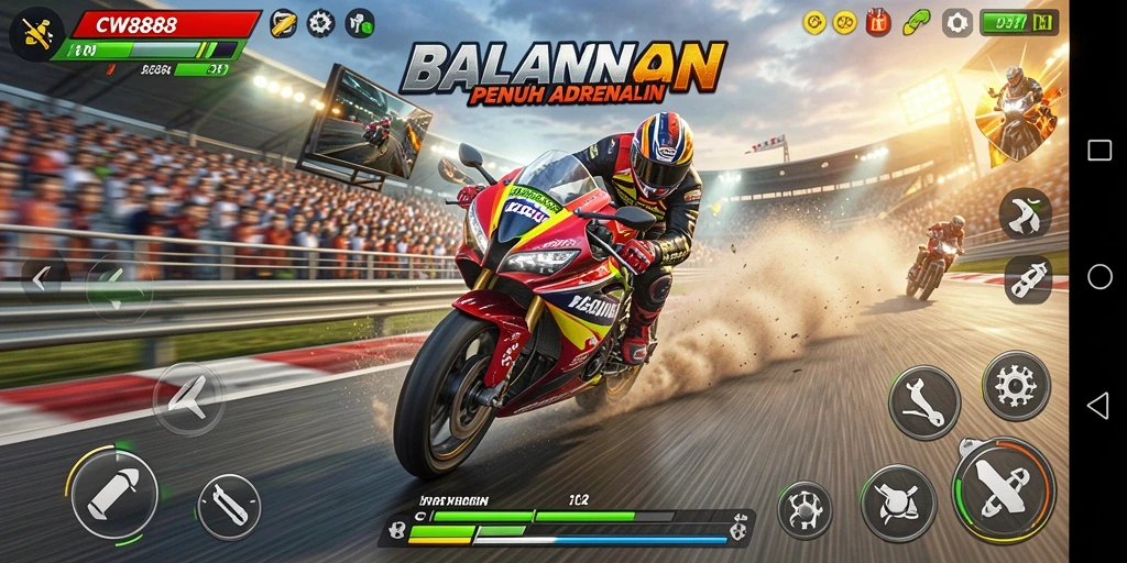 Tampilan gameplay balapan motor yang mendebarkan di CW8888.