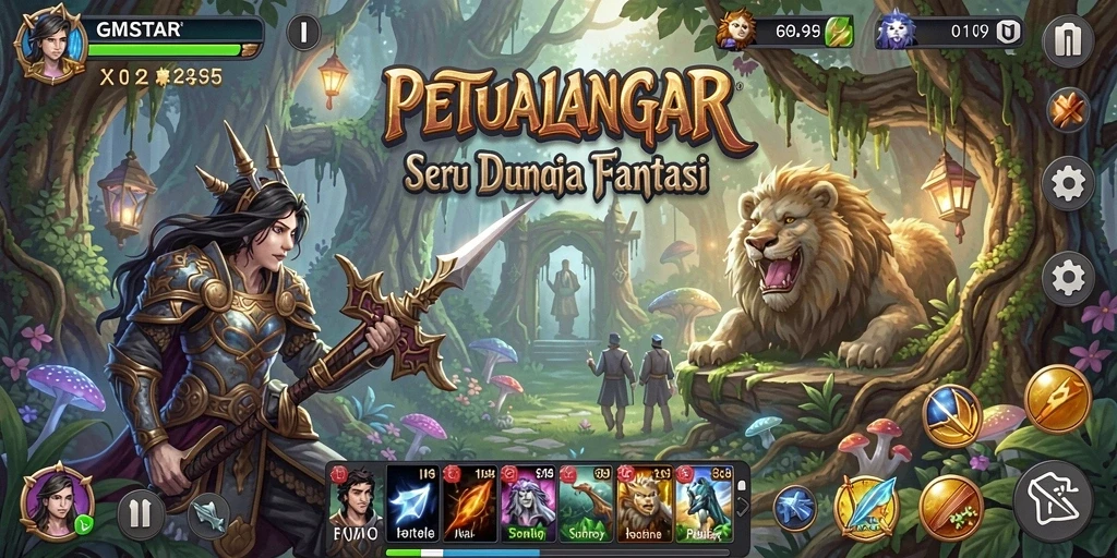 Screenshot utama GMSTAR menampilkan aksi mendebarkan dalam petualangan.