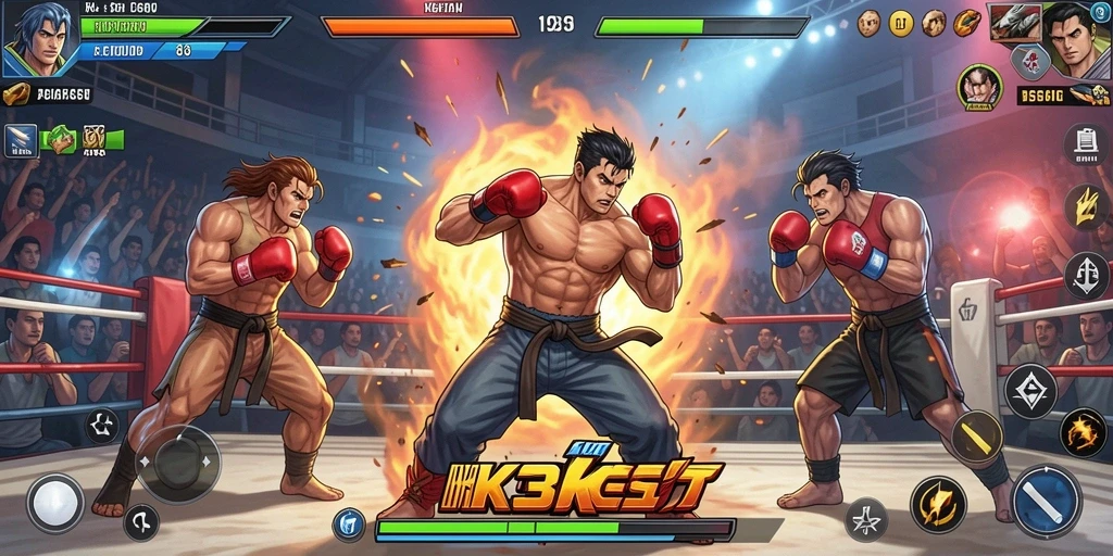 Screenshot utama K3K3 menampilkan aksi pertarungan yang mendebarkan dan karakter-karakter unik.