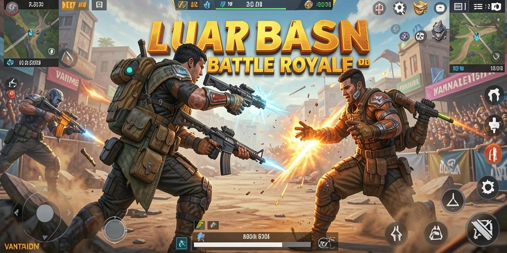 Tangkapan layar utama VANTAIDN menampilkan aksi seru dalam mode Battle Royale.